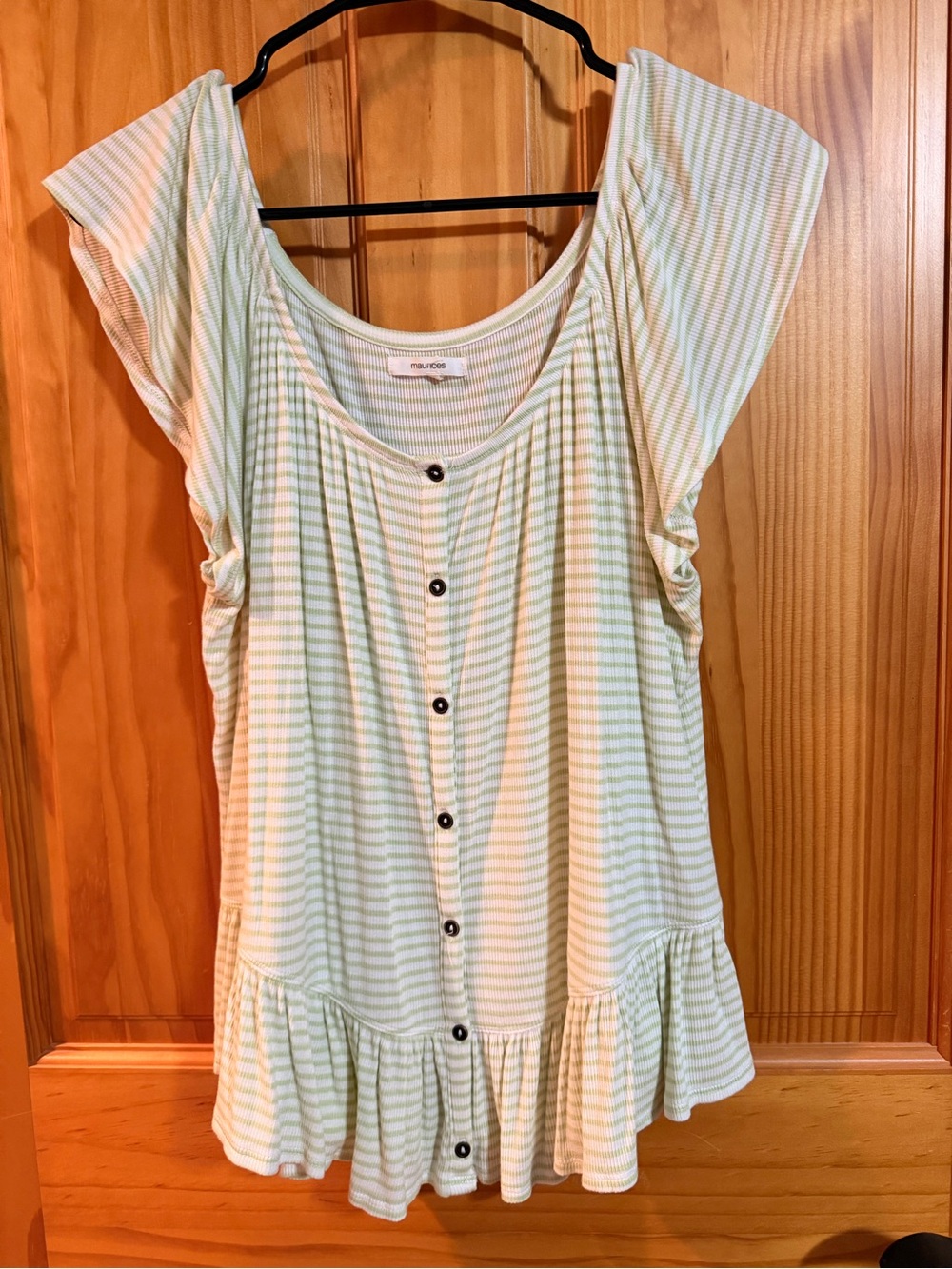 Maurices Mint & White Striped Button-Front Ruffle Hem Top